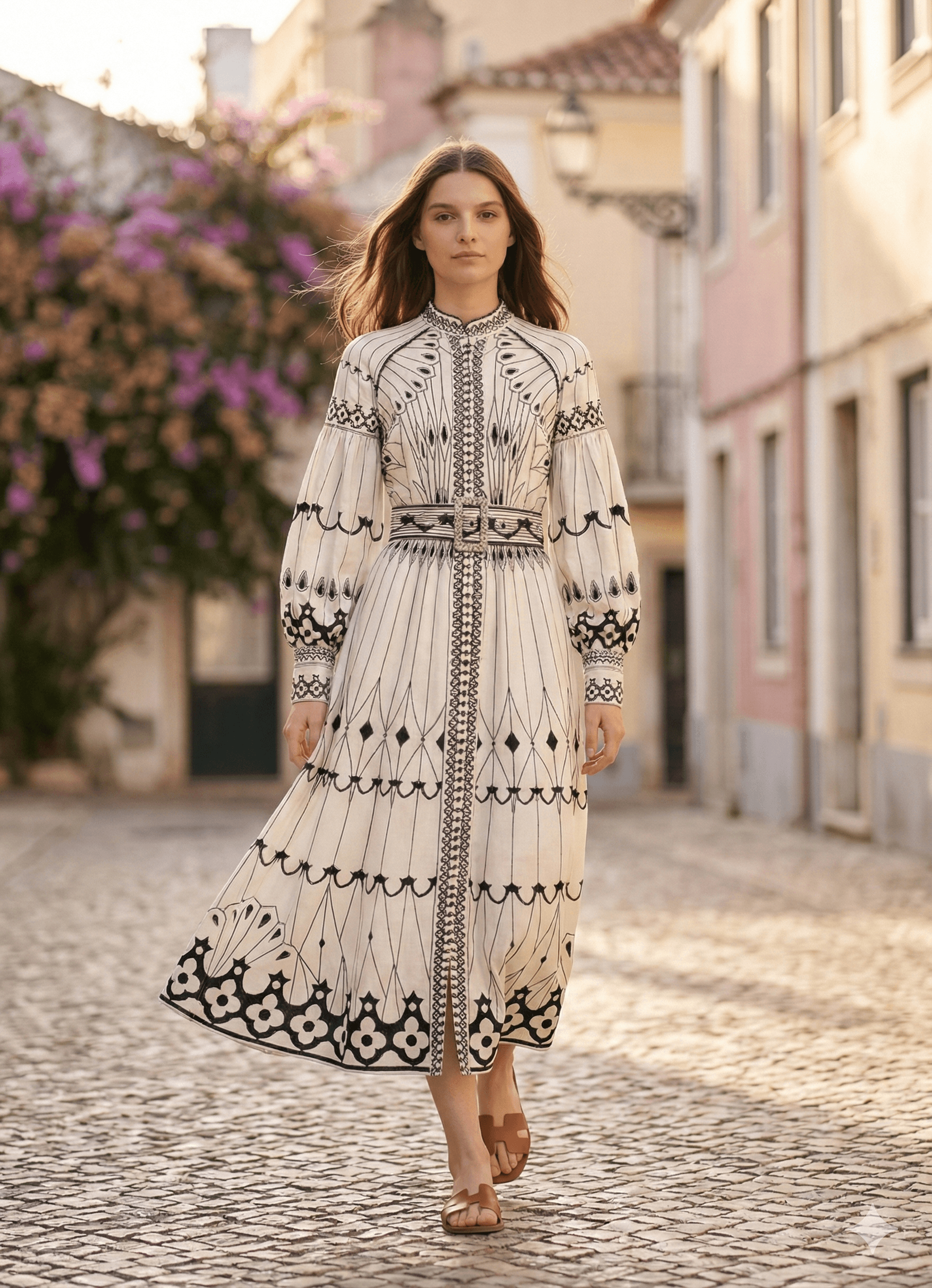 Robe Longue à Imprimés Noirs et Blancs Tsniout - image 1