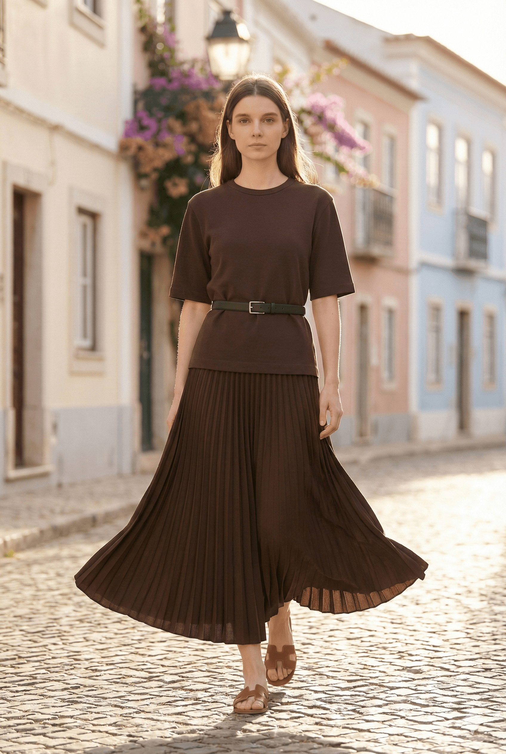 Robe Longue marron à jupe plissée Tsniout - image 1