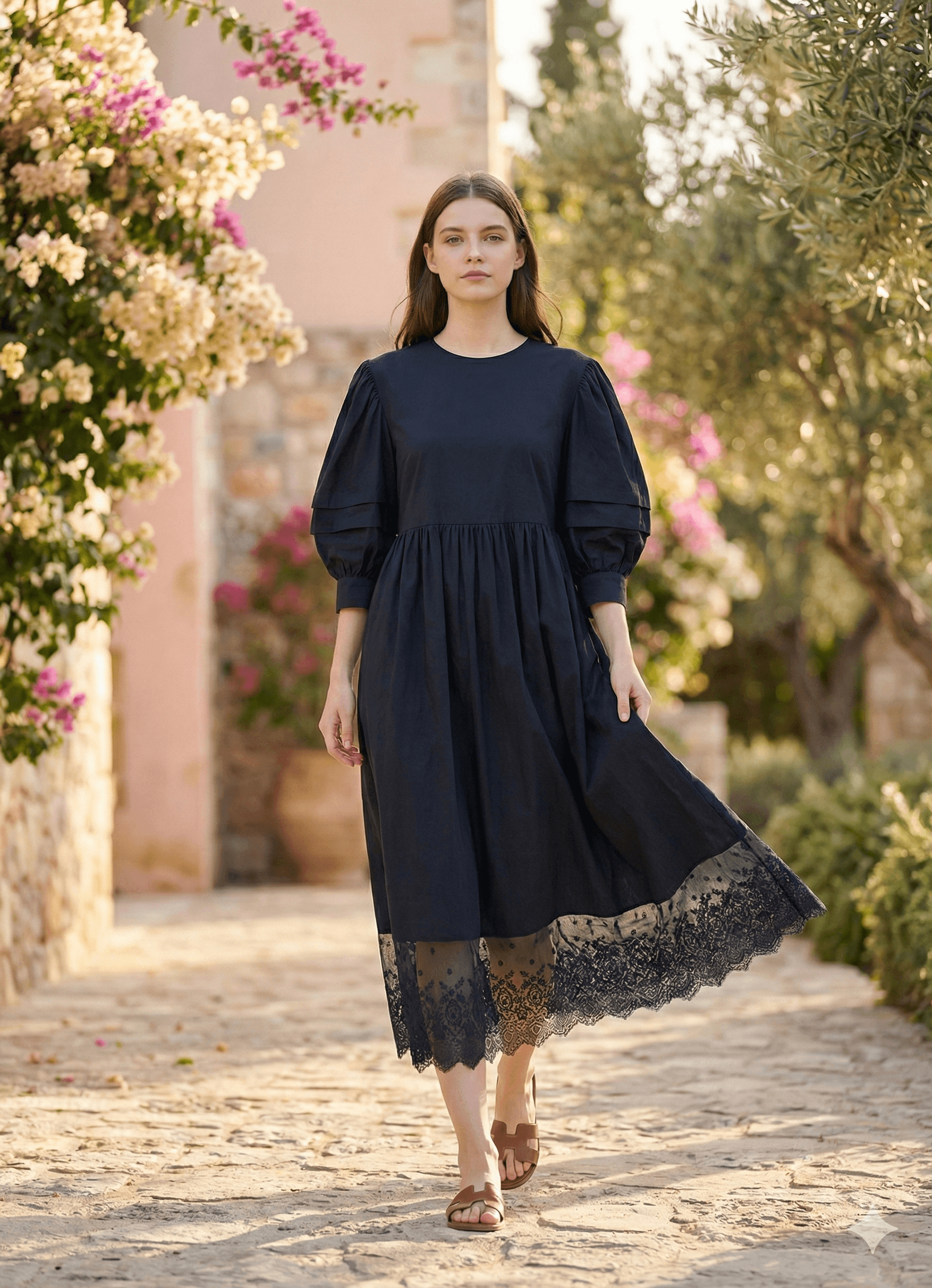 Robe Longue noire avec détail dentelle Tsniout - image 1