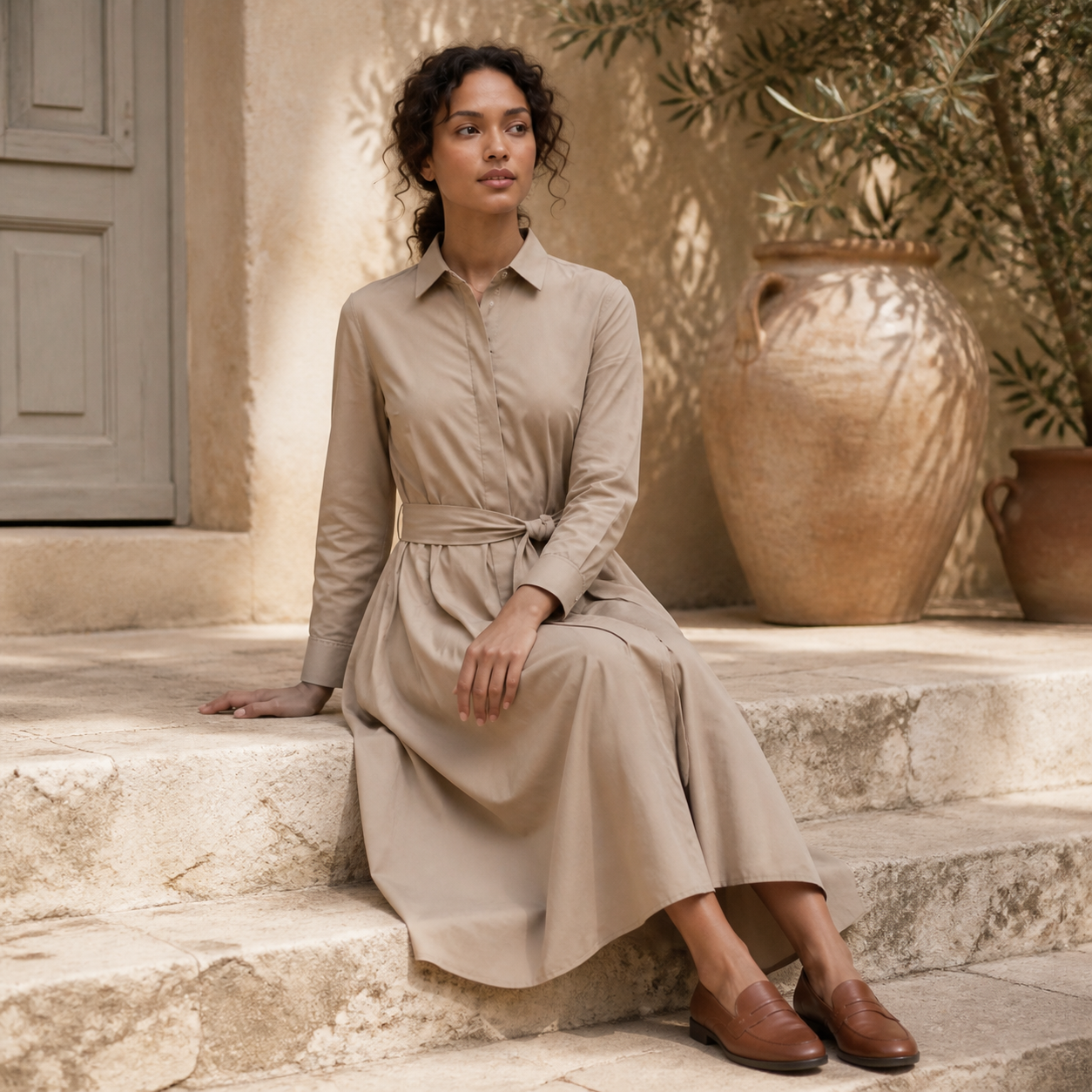 Robe longue taupe ceinturée Tsniout – 05 lifestyle assise