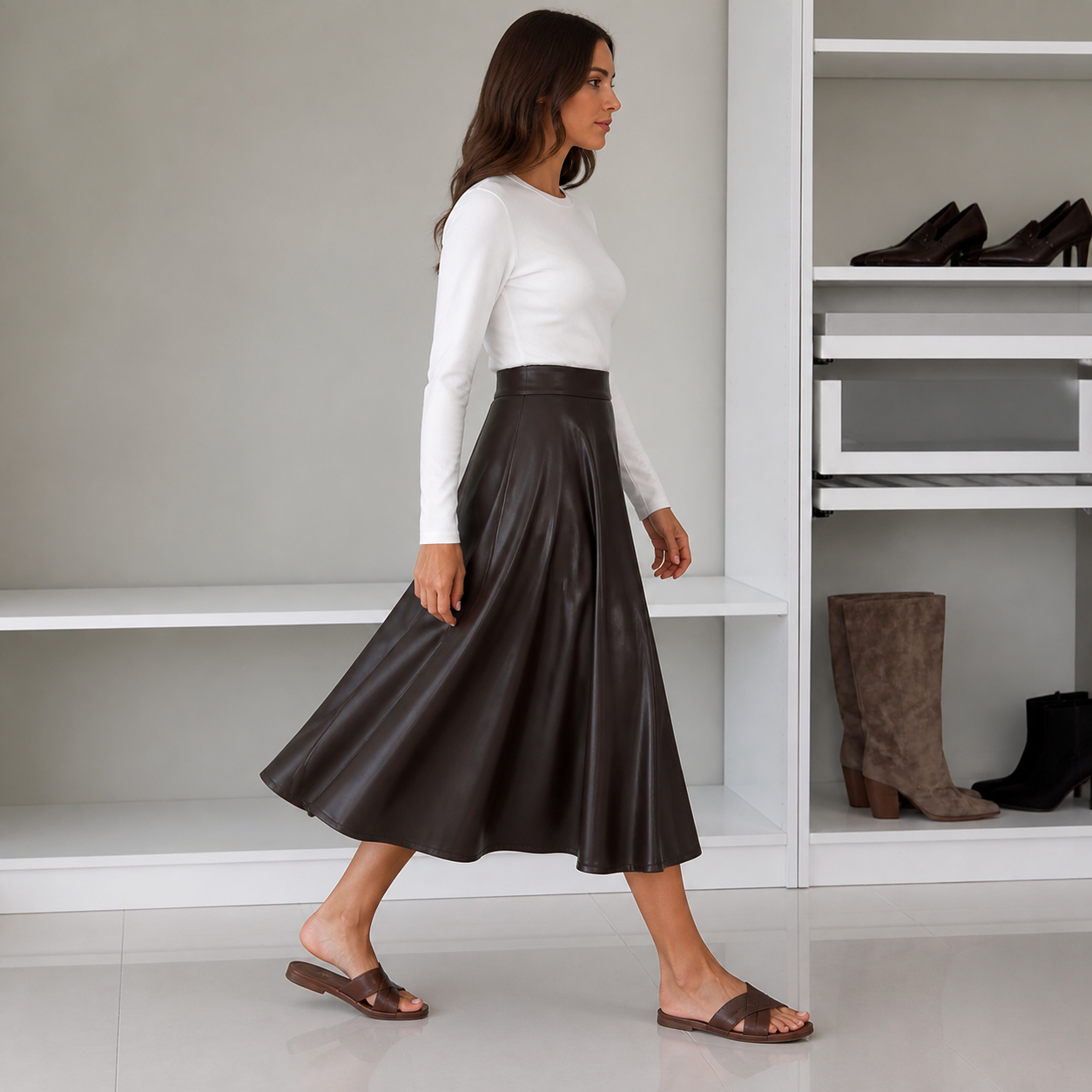 Jupe midi brun foncé en similicuir – vue 3