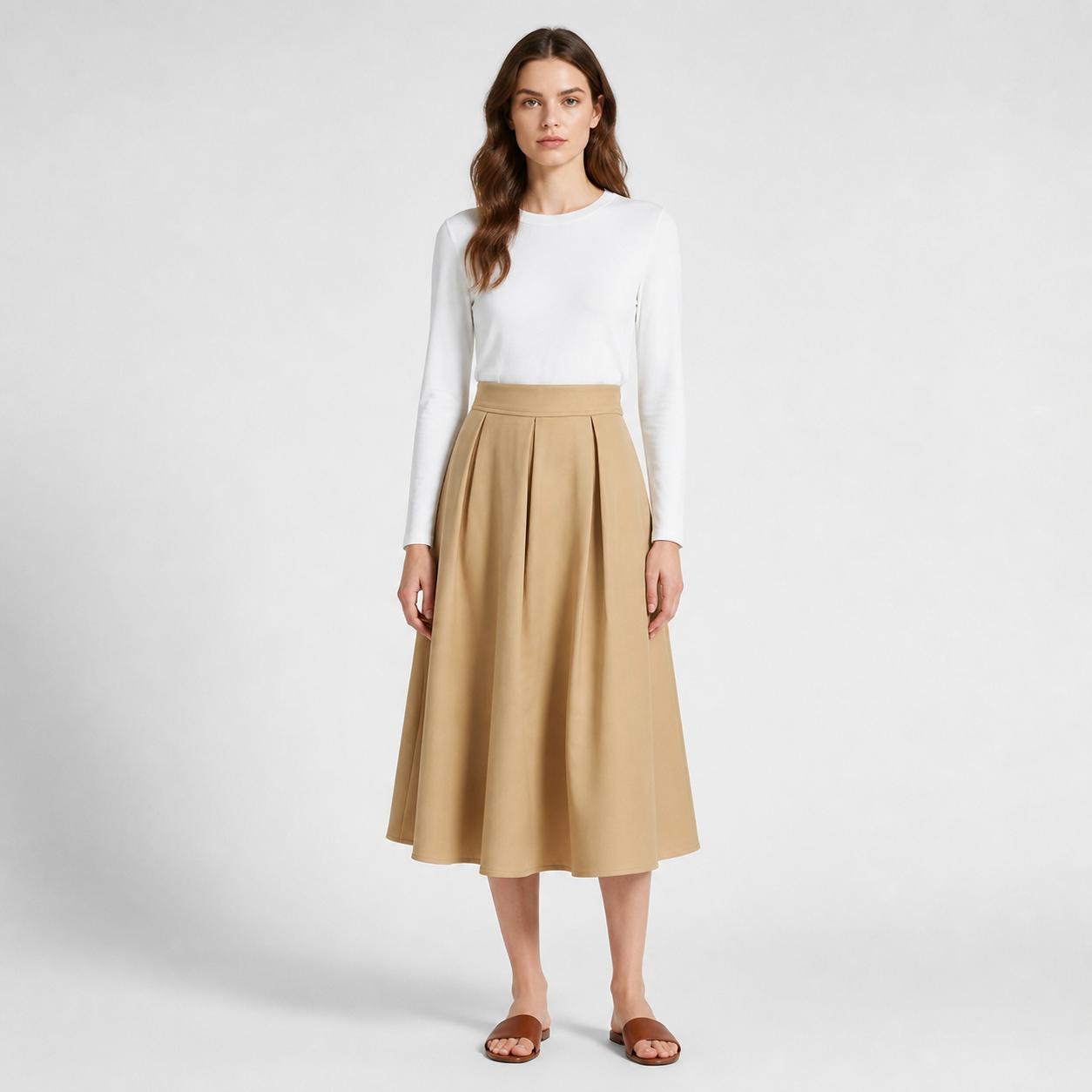 Jupe midi camel plissée Tsniout – 01 face studio