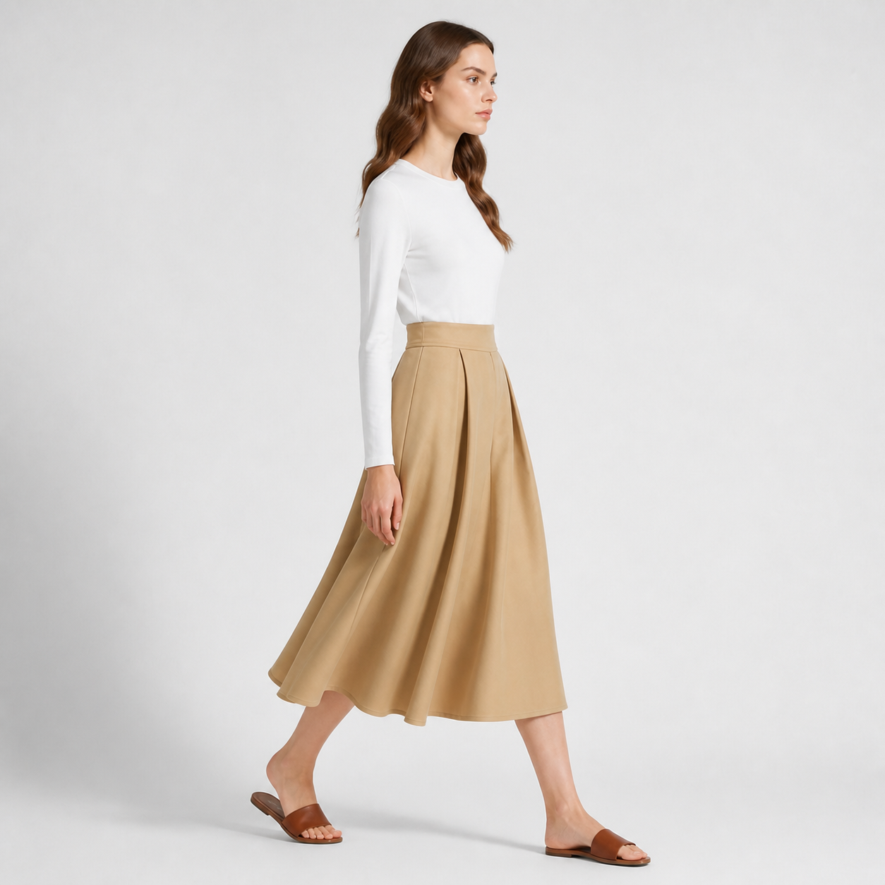 Jupe midi camel plissée Tsniout – 03 profil marche