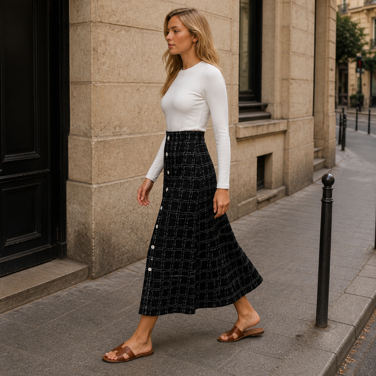 Jupe longue noire à carreaux et boutons – vue 3