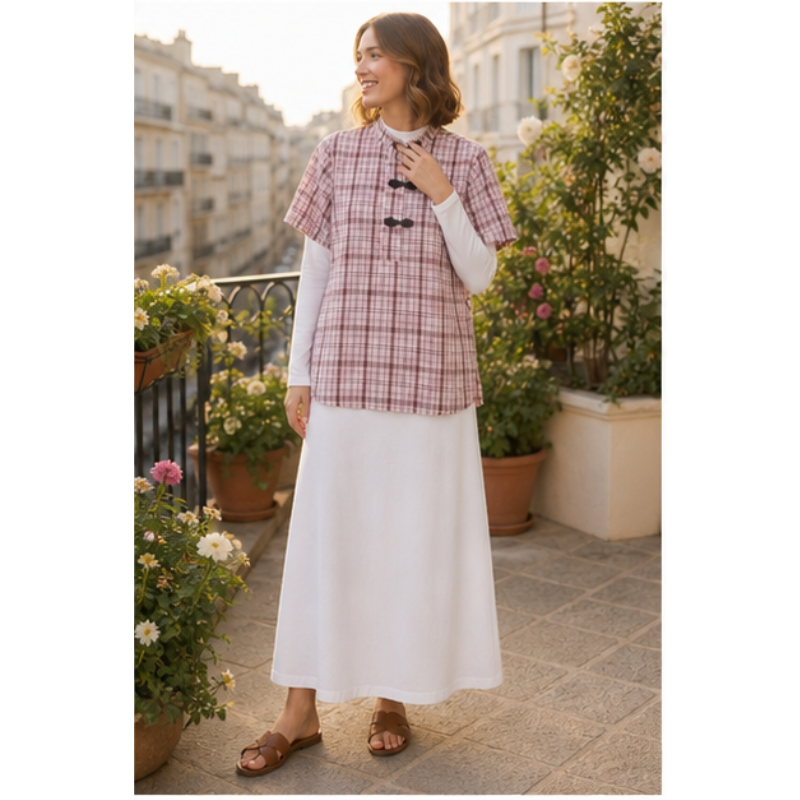 Tunique rose à carreaux et brandebourgs Tsniout – vue 3