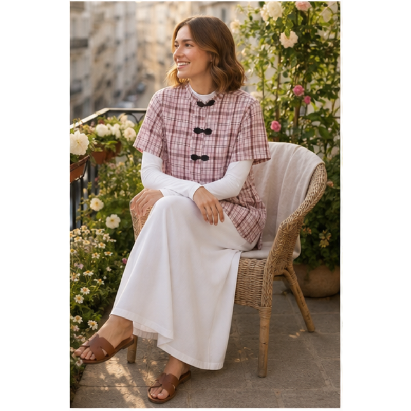 Tunique rose à carreaux et brandebourgs Tsniout – vue 5