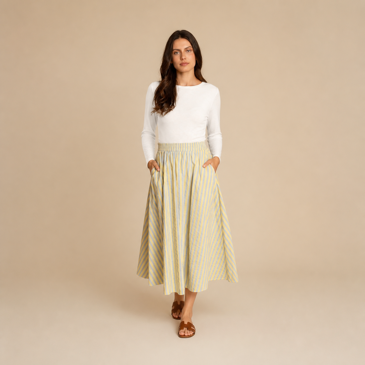 Jupe midi jaune à rayures bleues – vue 2