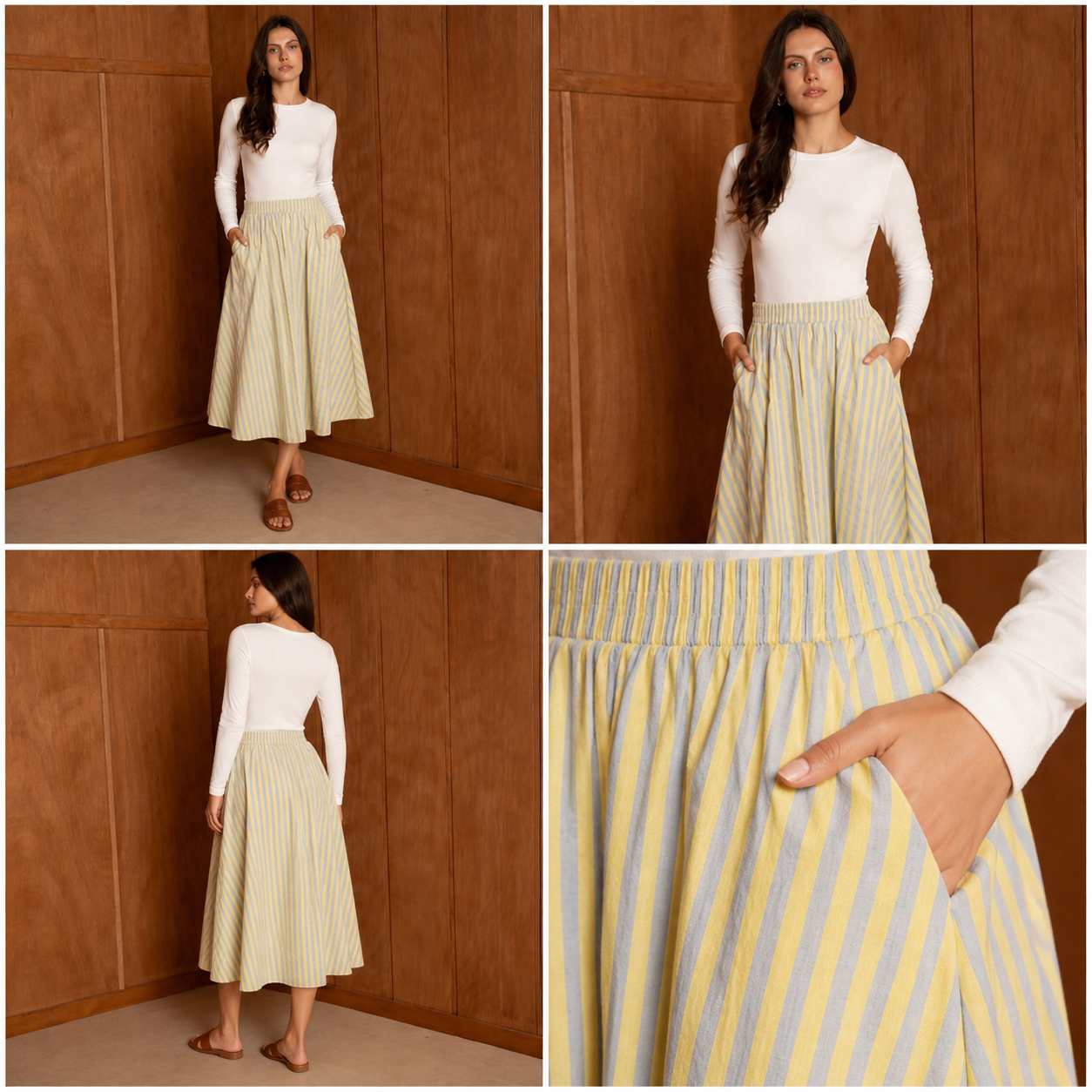 Jupe midi jaune à rayures bleues – vue 4