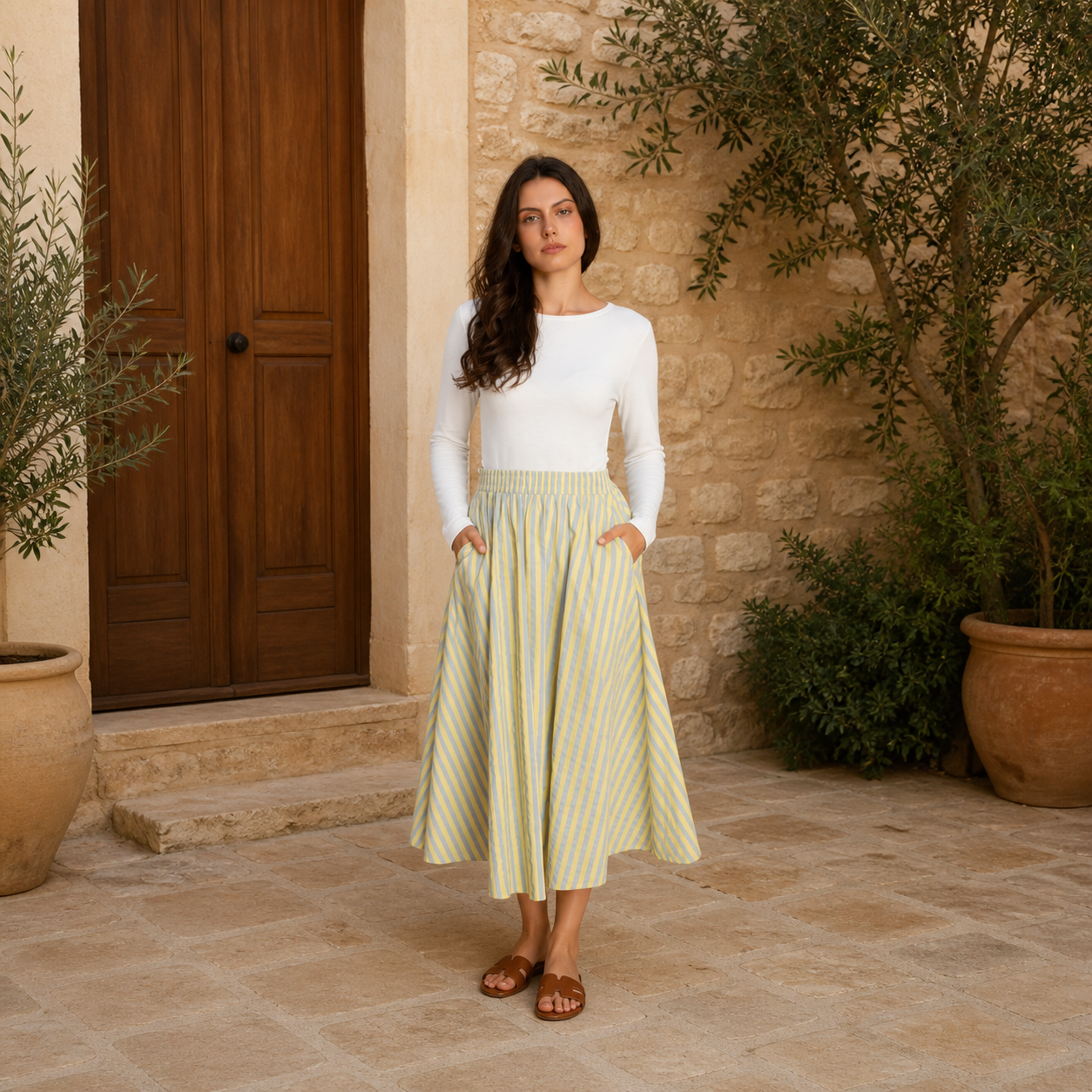 Jupe midi jaune à rayures bleues – vue 6