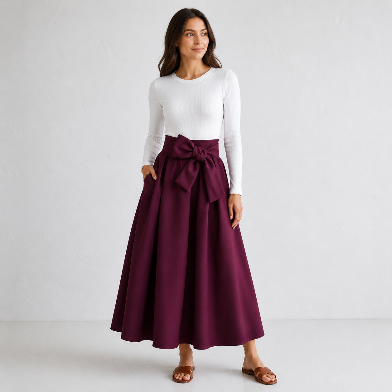 Jupe longue bordeaux taille haute à nœud Tsniout – 01 face studio