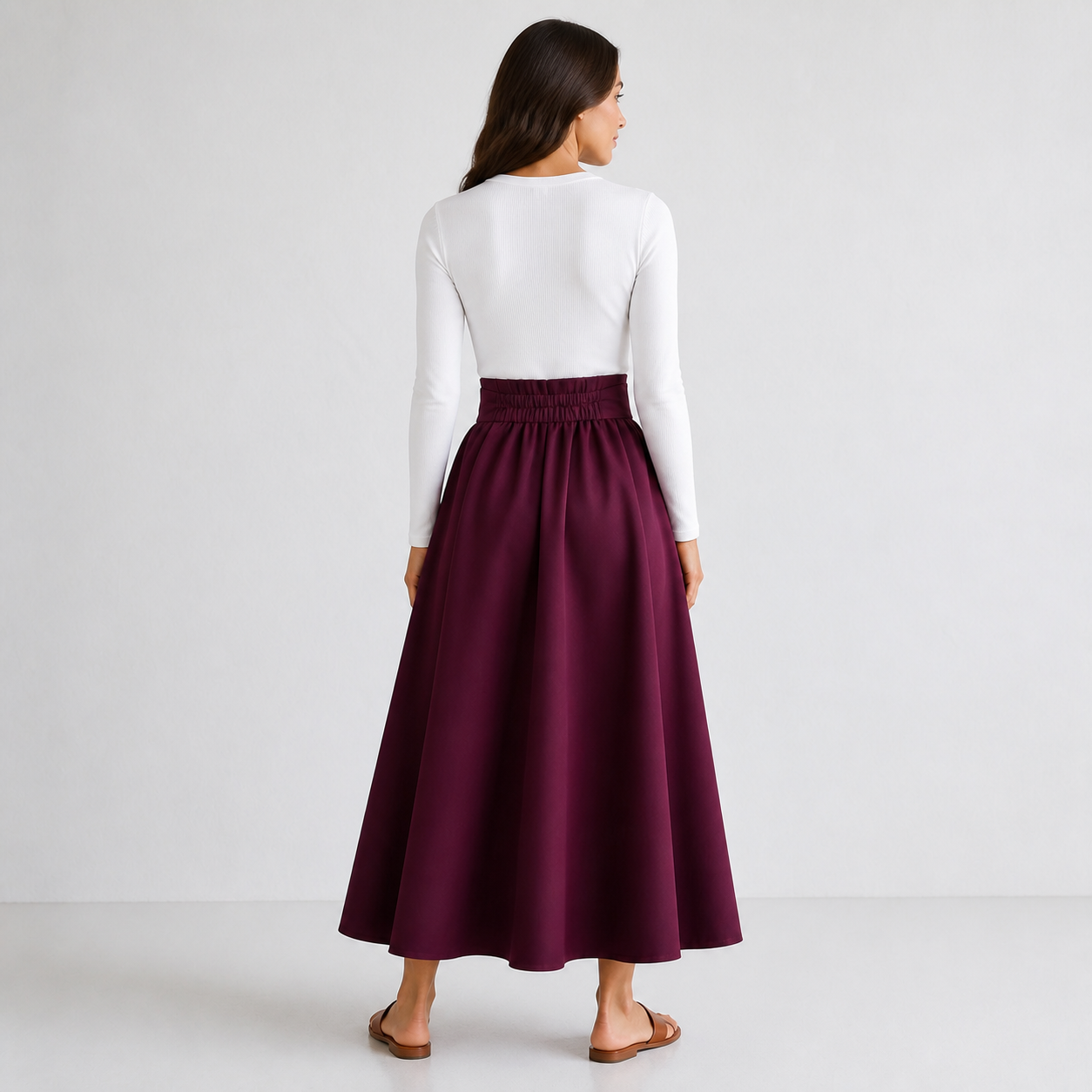 Jupe longue bordeaux taille haute à nœud Tsniout – 02 dos studio