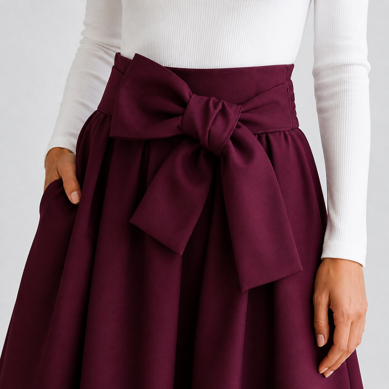 Jupe longue bordeaux taille haute à nœud Tsniout – 04 zoom produit
