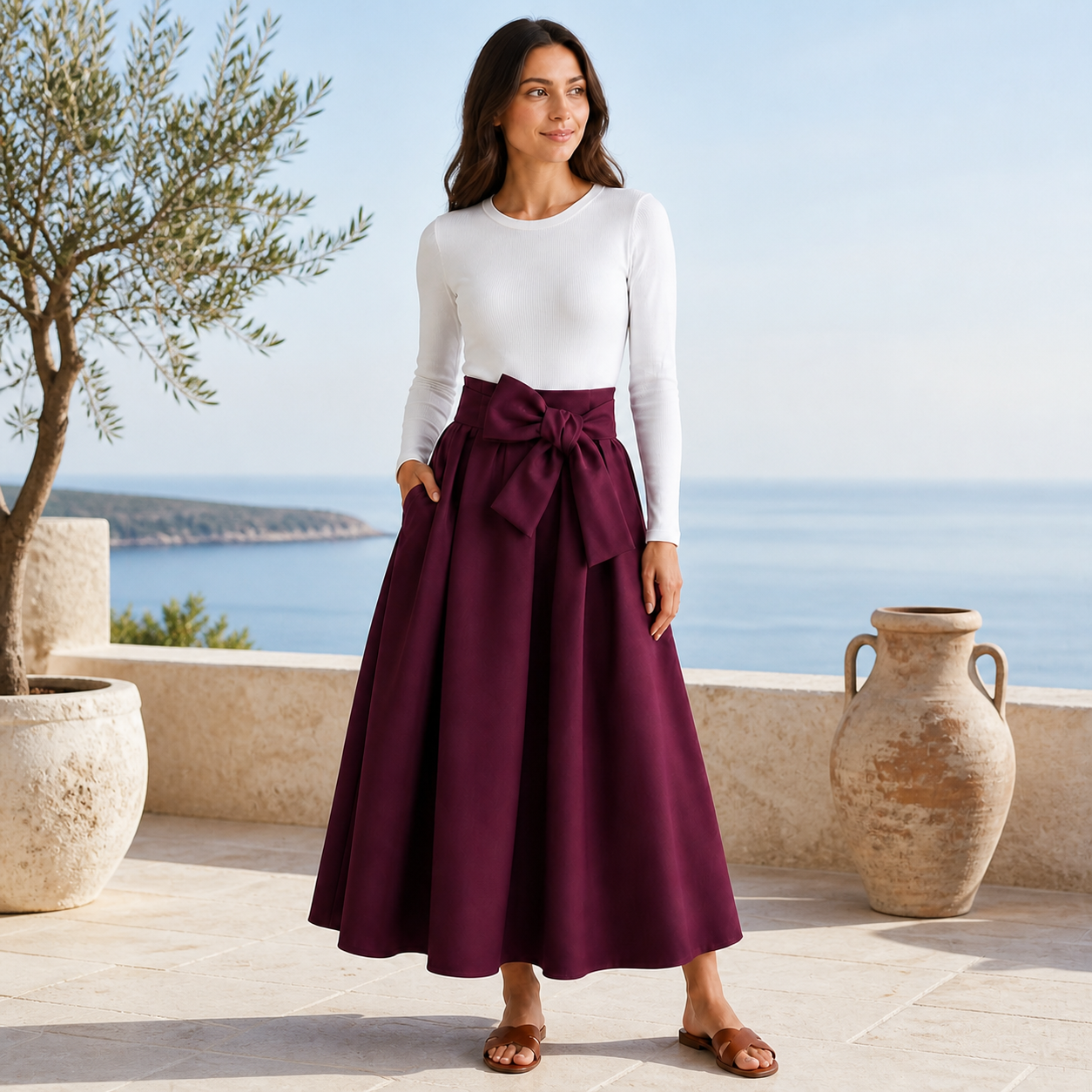 Jupe longue bordeaux taille haute à nœud Tsniout – 06 lifestyle debout