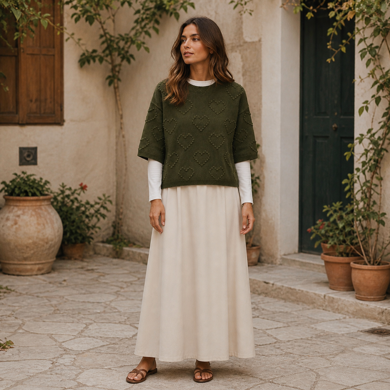 Pull vert olive à motifs cœurs Tsniout – 06 lifestyle debout