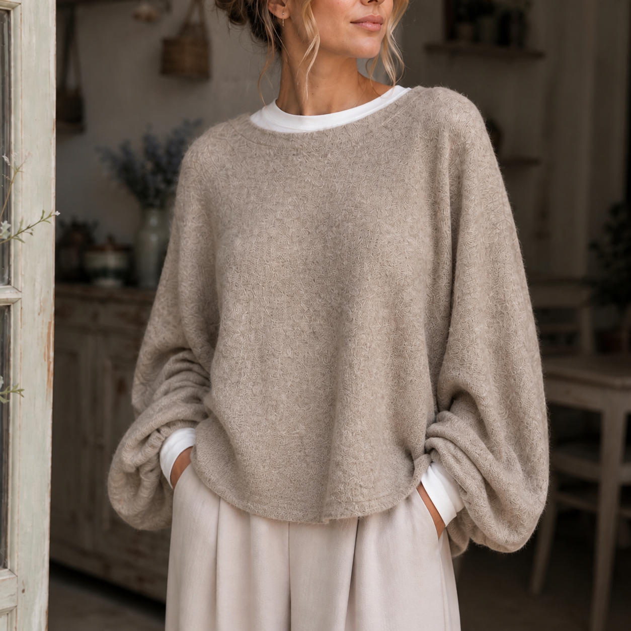 Pull beige en maille duveteuse Tsniout – 04 zoom produit