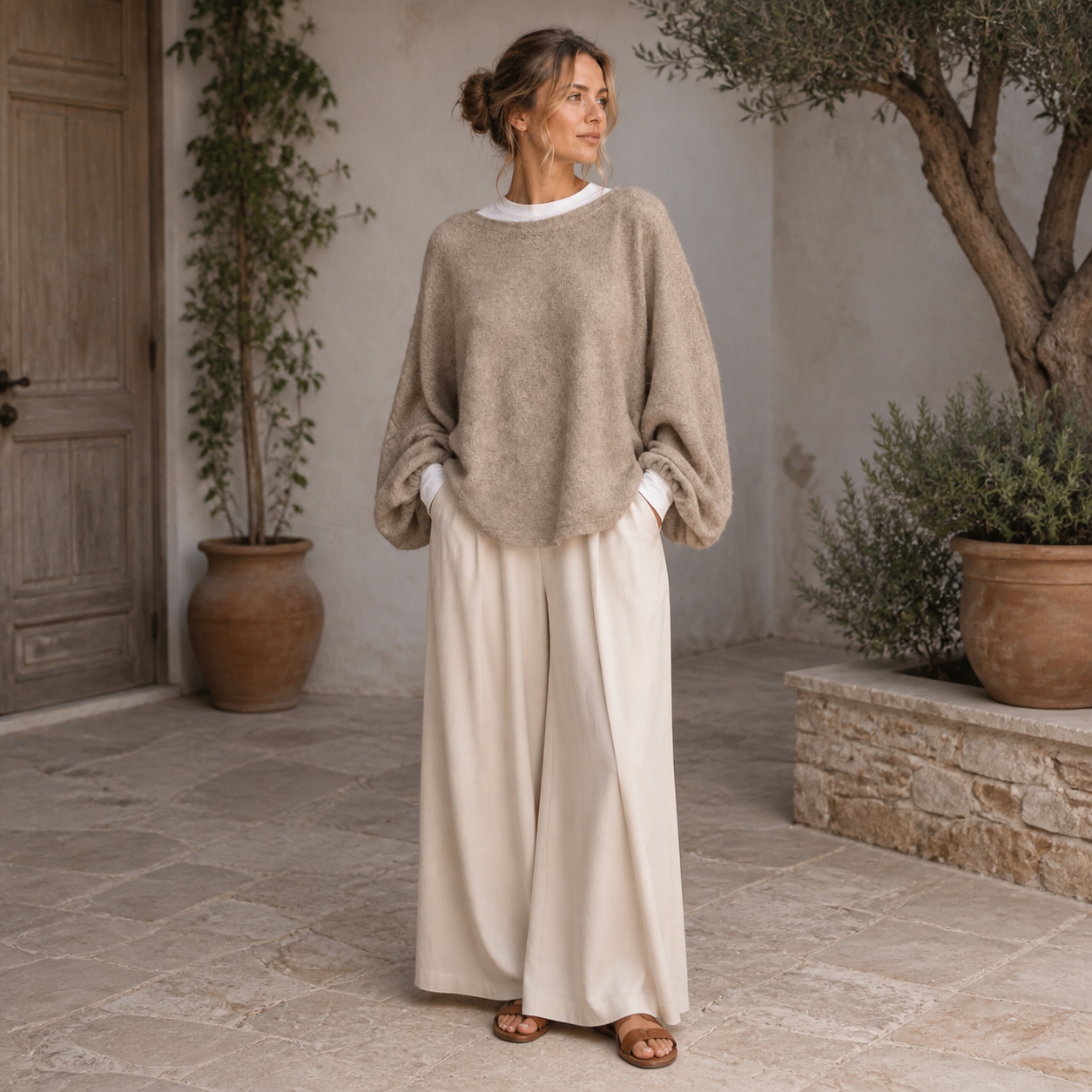 Pull beige en maille duveteuse Tsniout – 06 lifestyle debout