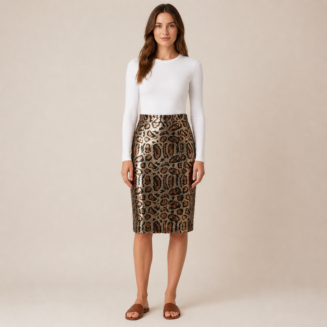 Jupe camel à sequins motif léopard – vue 1
