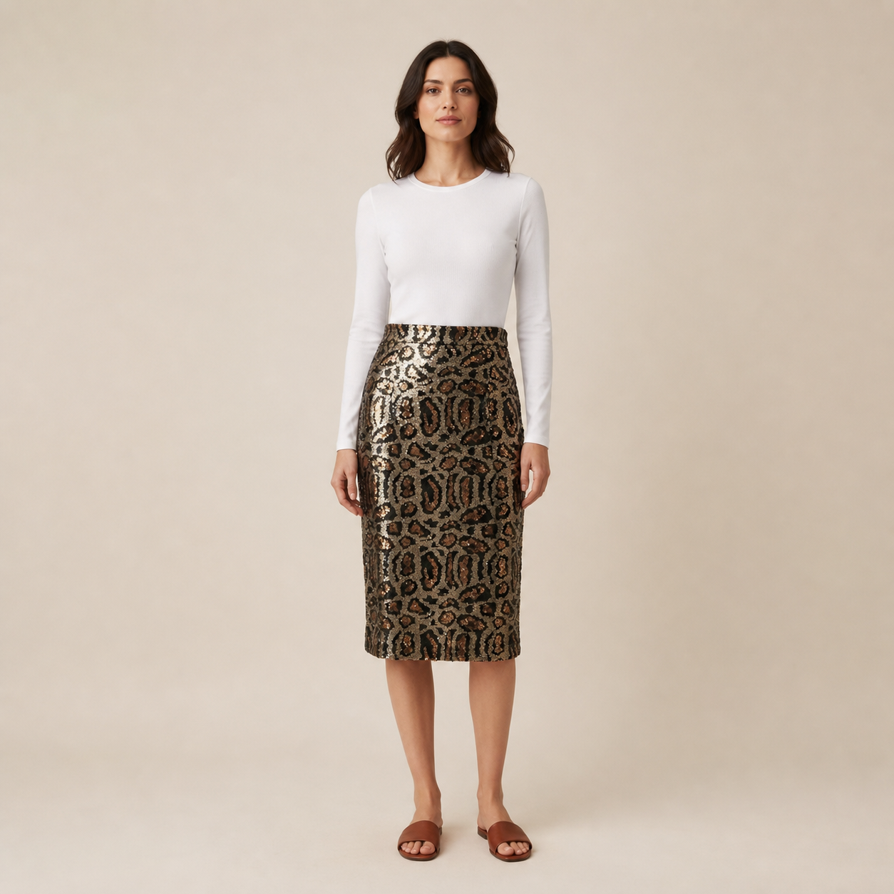 Jupe camel à sequins motif léopard – vue 2
