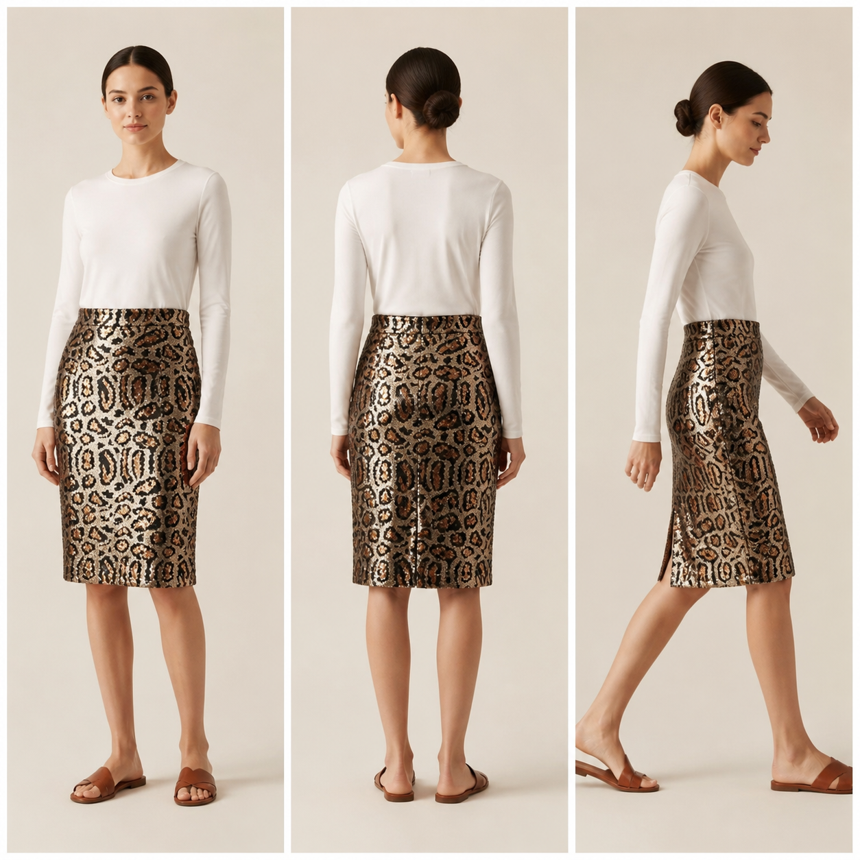 Jupe camel à sequins motif léopard – vue 3