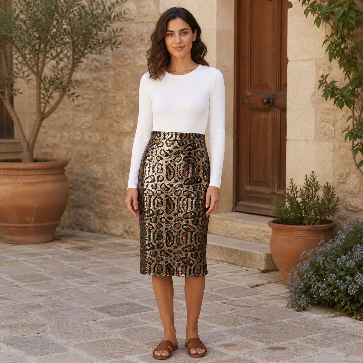 Jupe camel à sequins motif léopard – vue 6