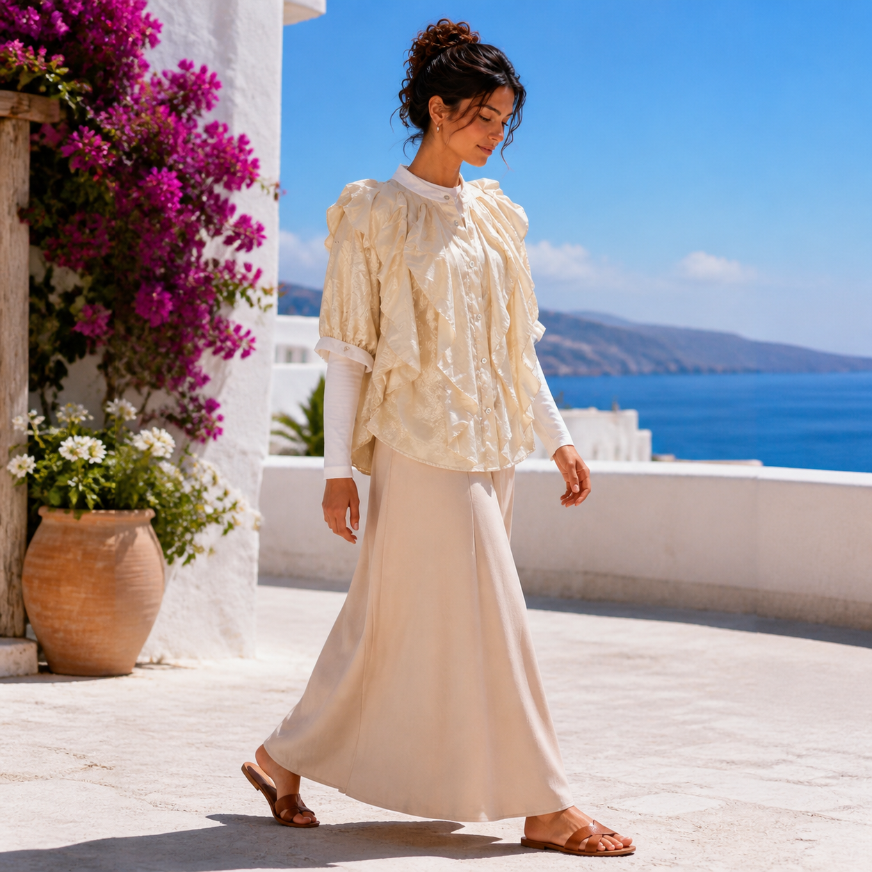 Blouse écrue satinée à volants – vue 3
