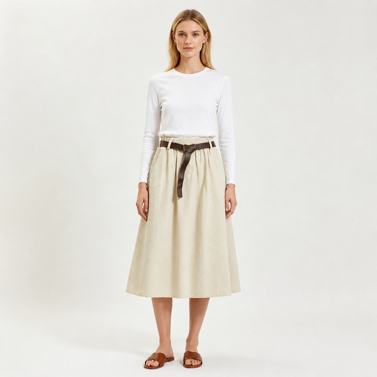 Jupe midi beige à ceinture – vue 1