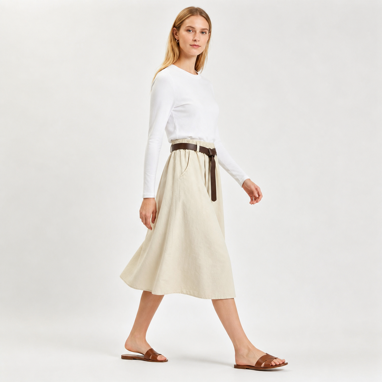 Jupe midi beige à ceinture – vue 3