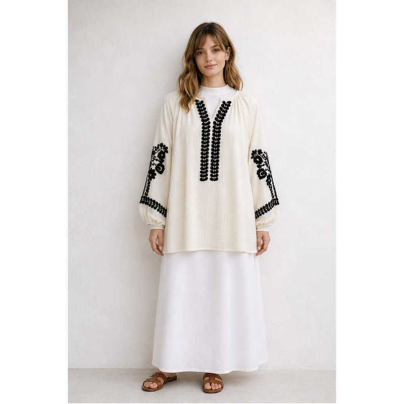 Tunique ivoire à broderie noire Tsniout – vue 1