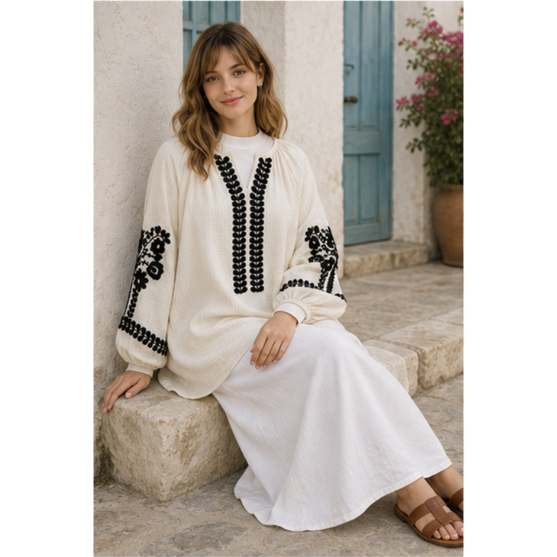 Tunique ivoire à broderie noire Tsniout – vue 5