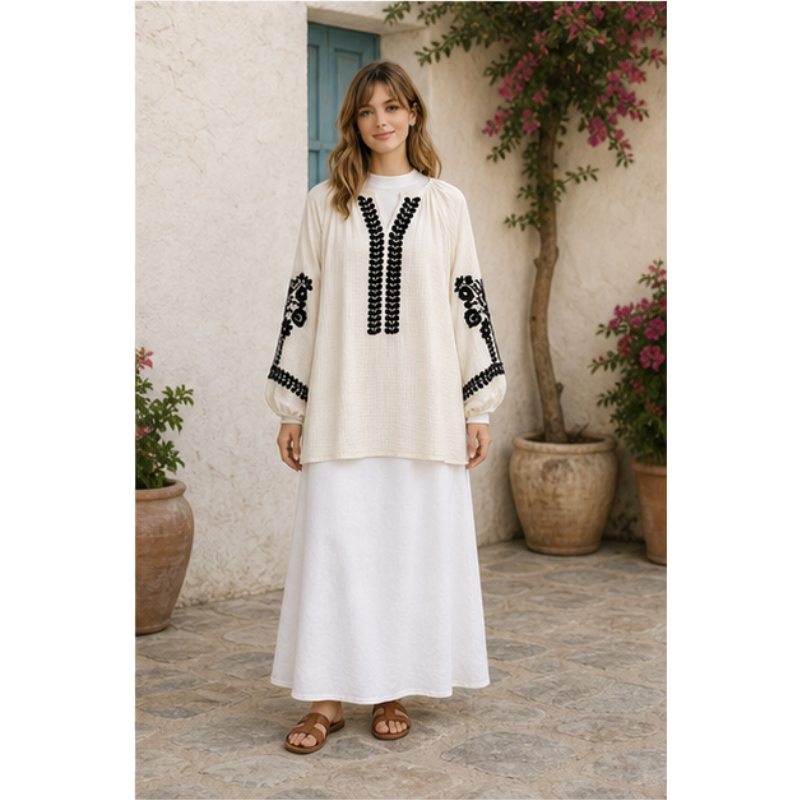 Tunique ivoire à broderie noire Tsniout – vue 6