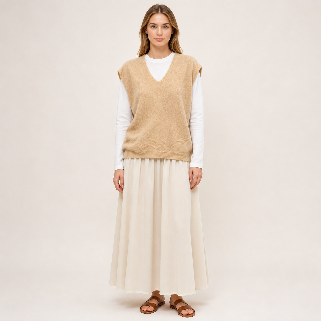 Gilet-pull beige en maille à col V Tsniout – 01 face studio