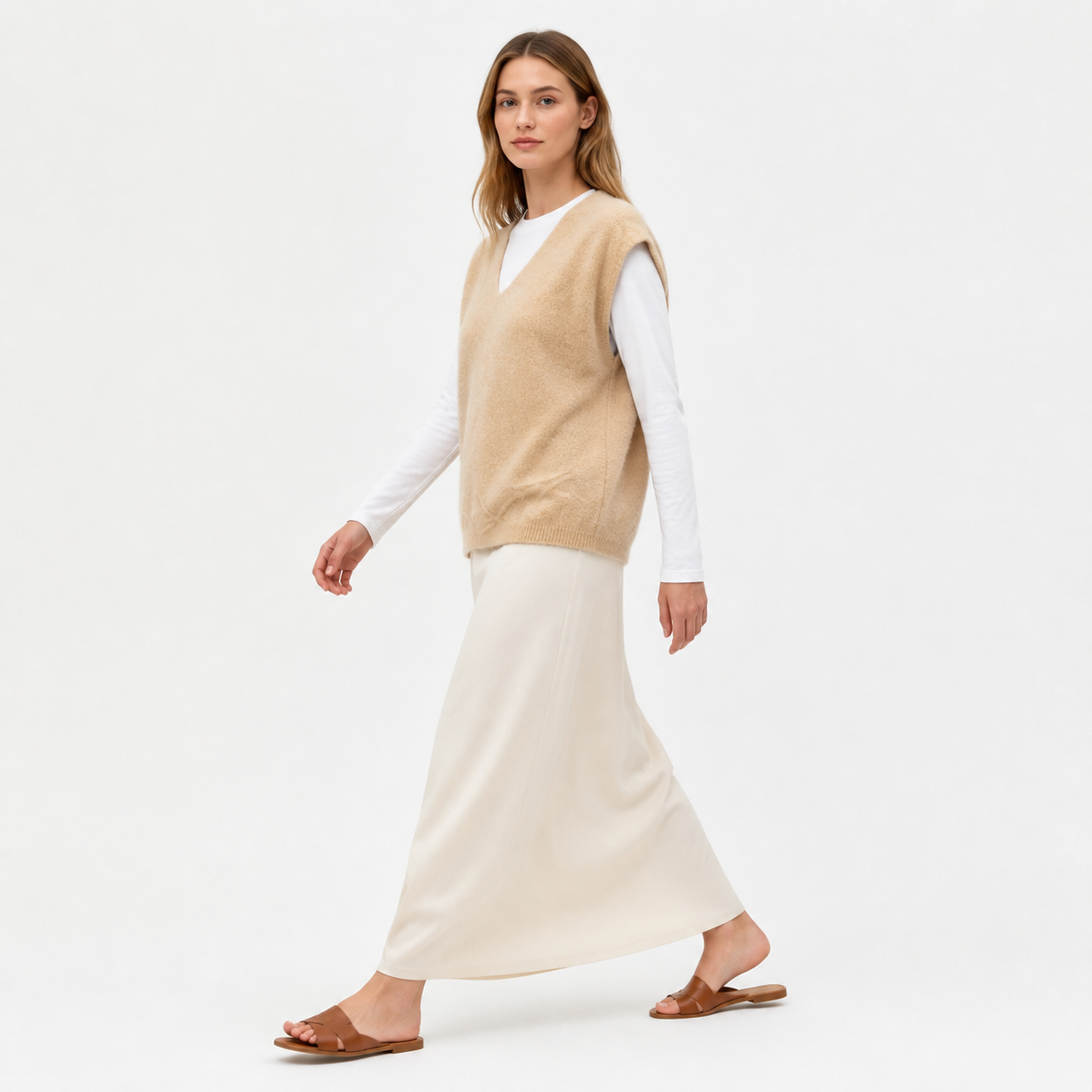 Gilet-pull beige en maille à col V Tsniout – 03 profil marche