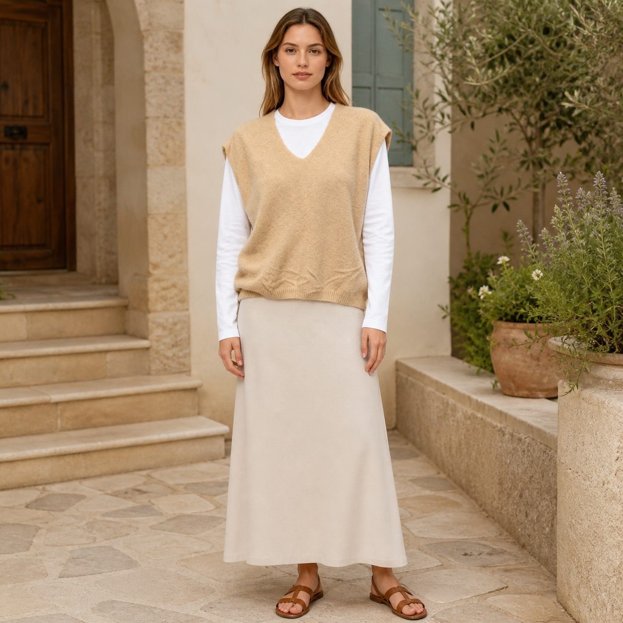 Gilet-pull beige en maille à col V Tsniout – 06 lifestyle debout