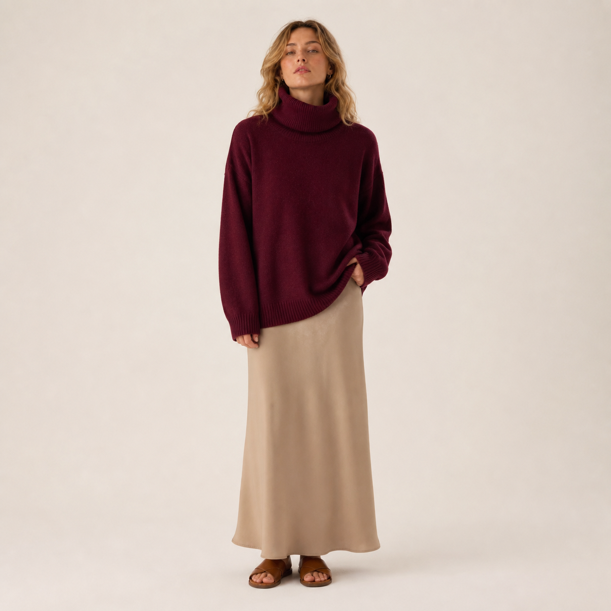 Pull bordeaux à col roulé en laine – vue 1