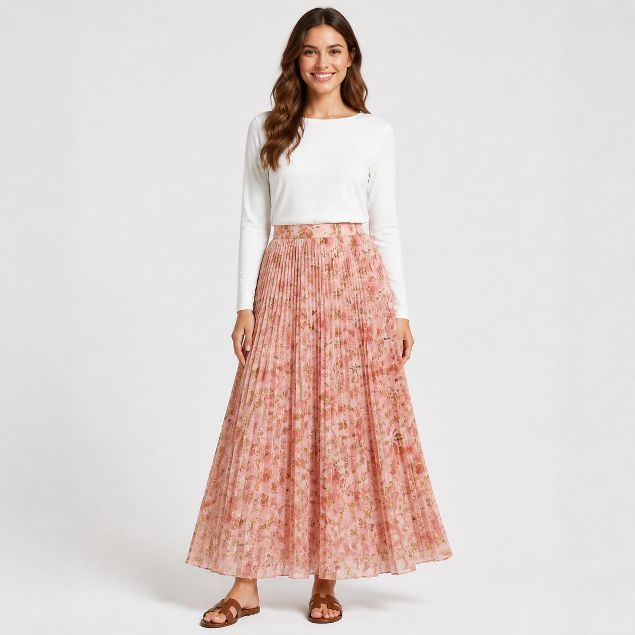 Jupe longue rose fleurie plissée Tsniout – 01 face studio