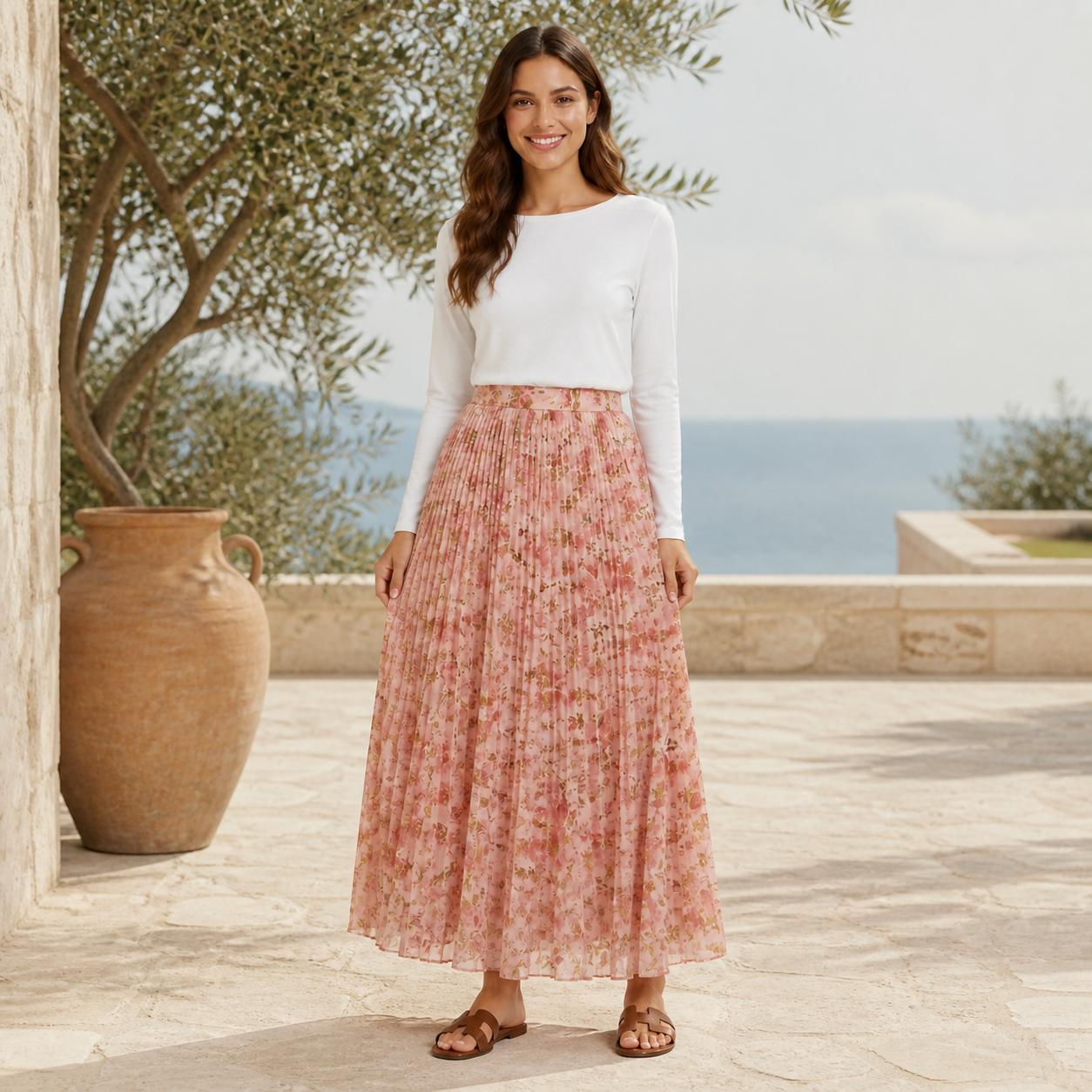 Jupe longue rose fleurie plissée Tsniout – 06 lifestyle debout