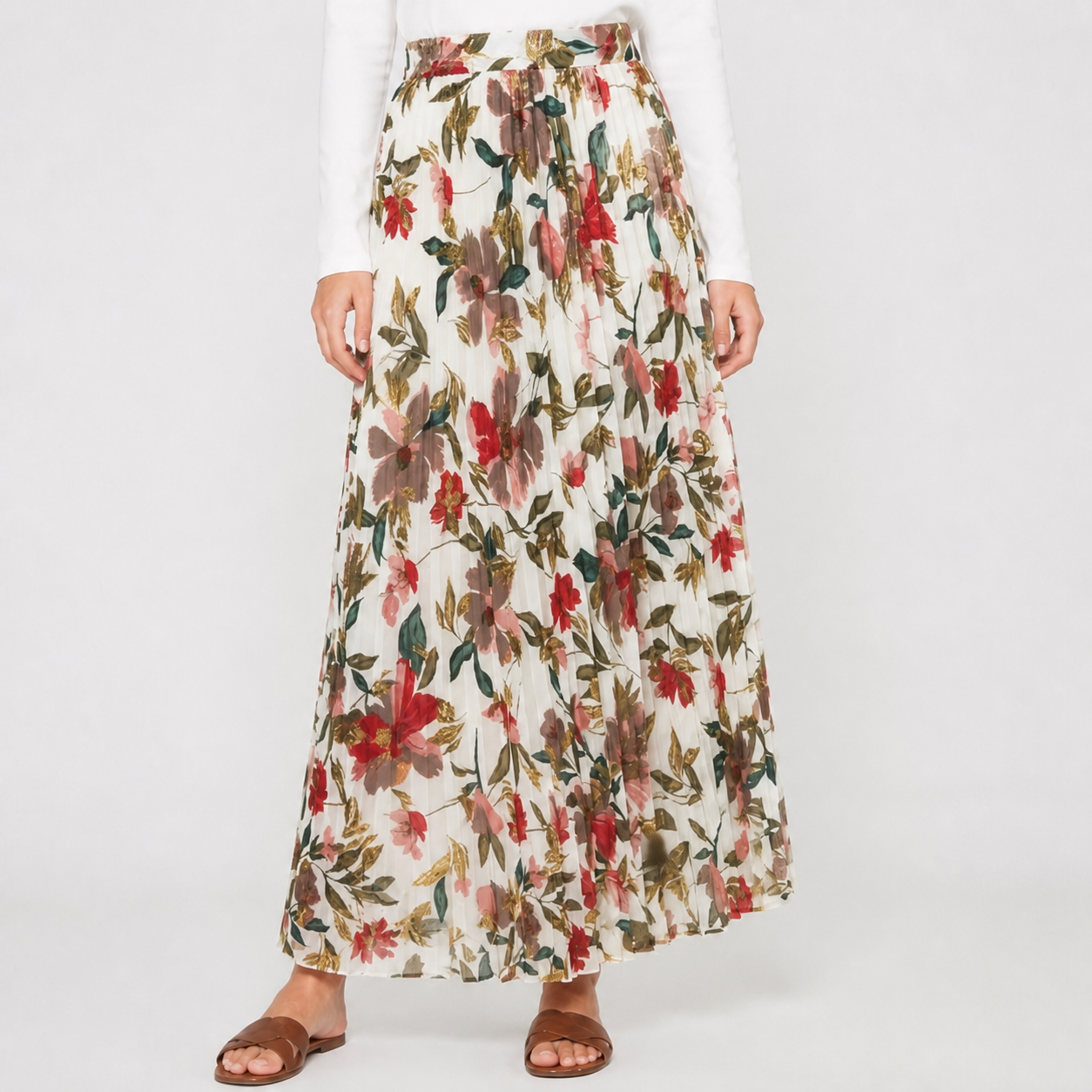 Jupe longue blanche fleurie plissée Tsniout – 04 zoom produit