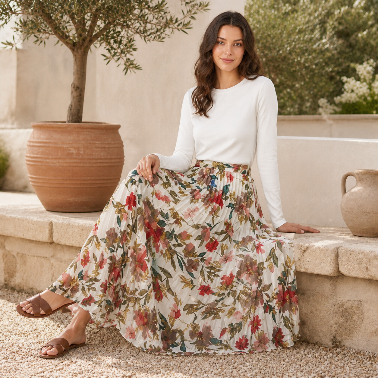 Jupe longue blanche fleurie plissée Tsniout – 05 lifestyle assise