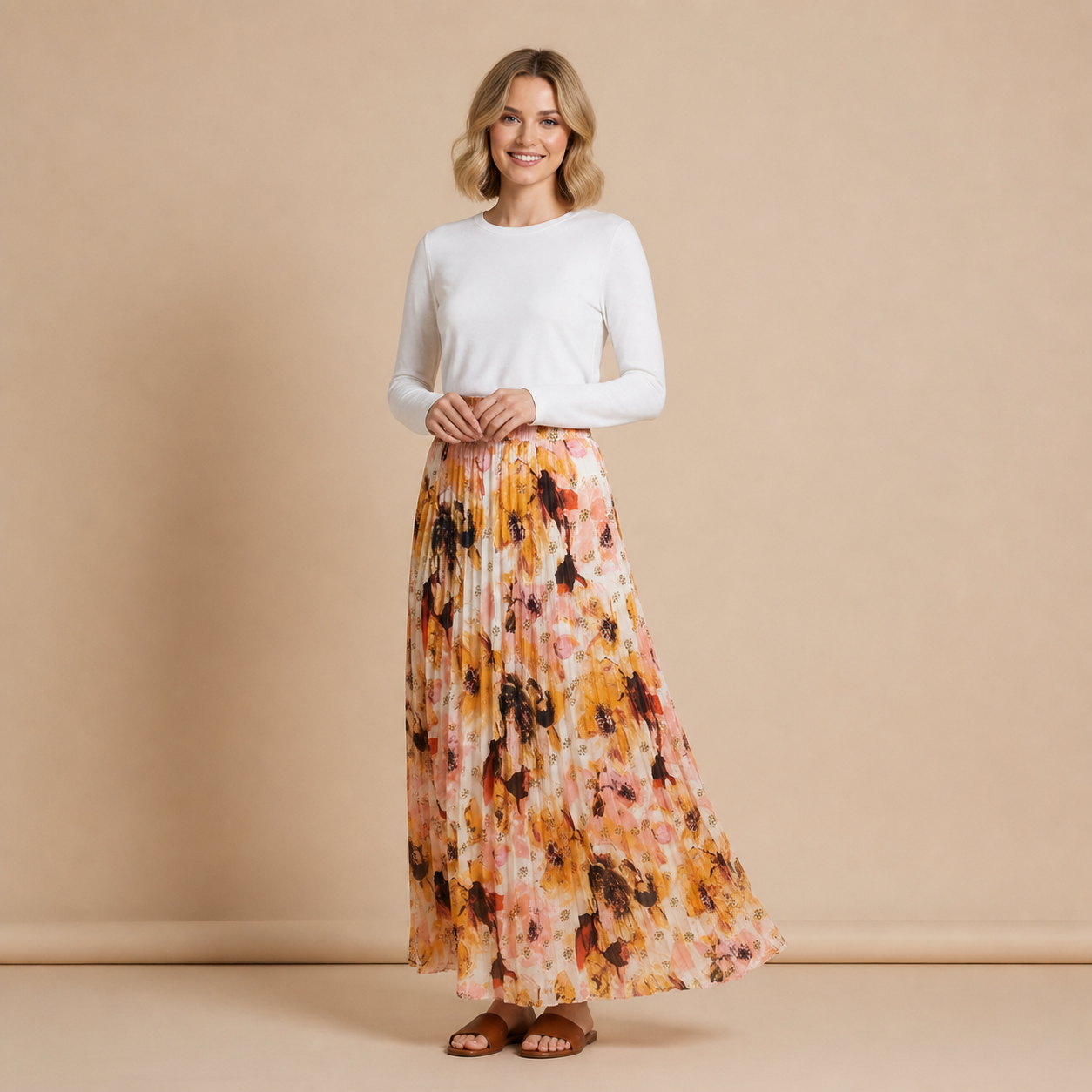 Jupe longue rose plissée fleurie – vue 1