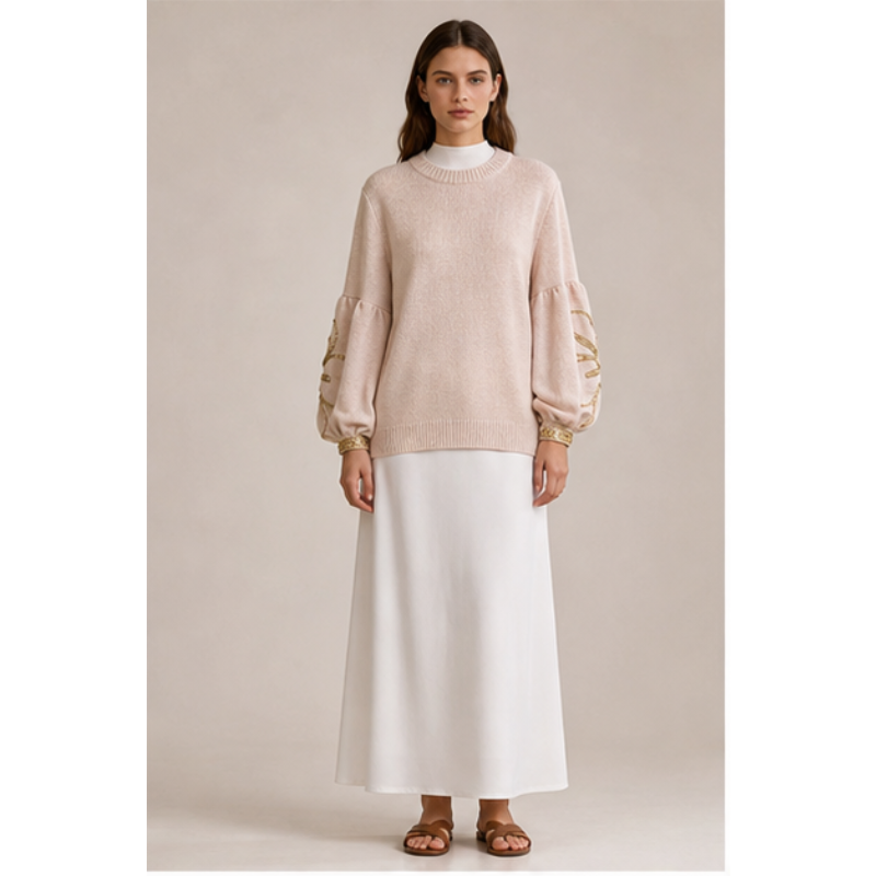 Tunique beige en maille à manches décorées Tsniout – vue 1