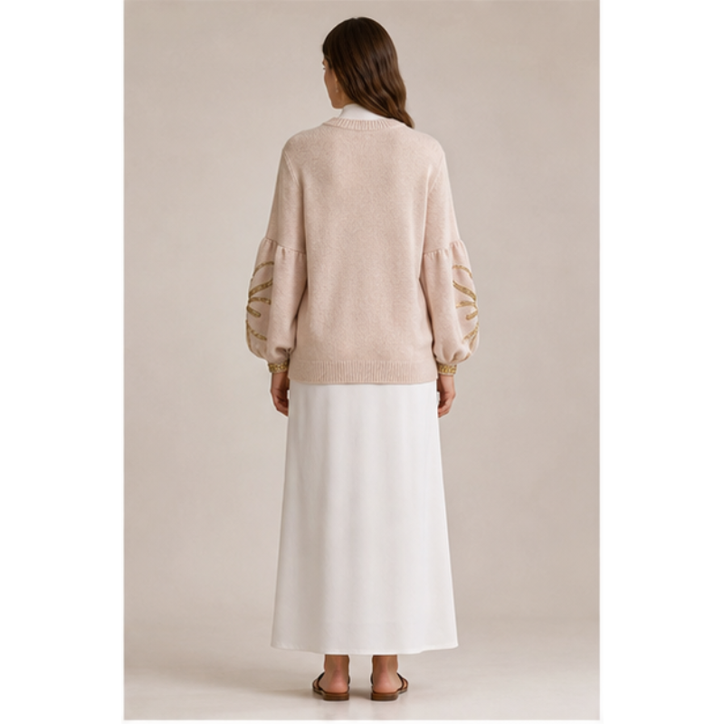 Tunique beige en maille à manches décorées Tsniout – vue 2