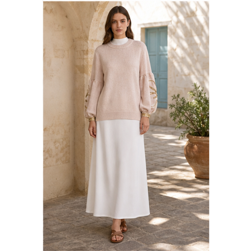 Tunique beige en maille à manches décorées Tsniout – vue 3