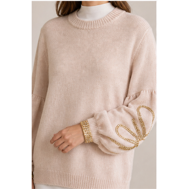 Tunique beige en maille à manches décorées Tsniout – vue 4
