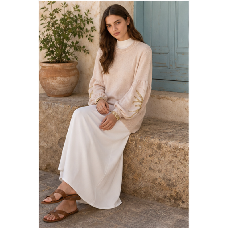 Tunique beige en maille à manches décorées Tsniout – vue 5