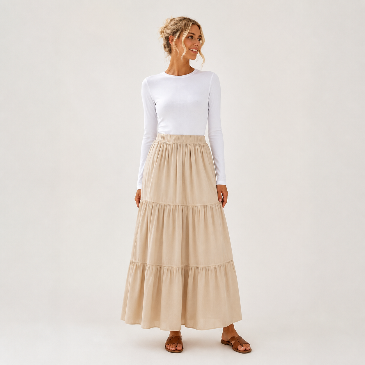 Jupe longue beige à volants en coton – vue 1