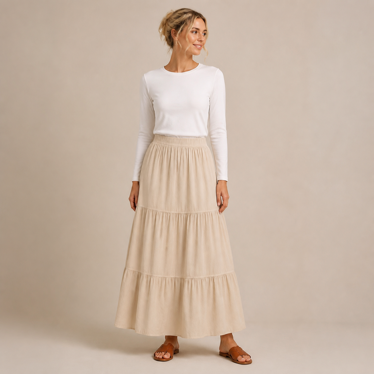 Jupe longue beige à volants en coton – vue 2