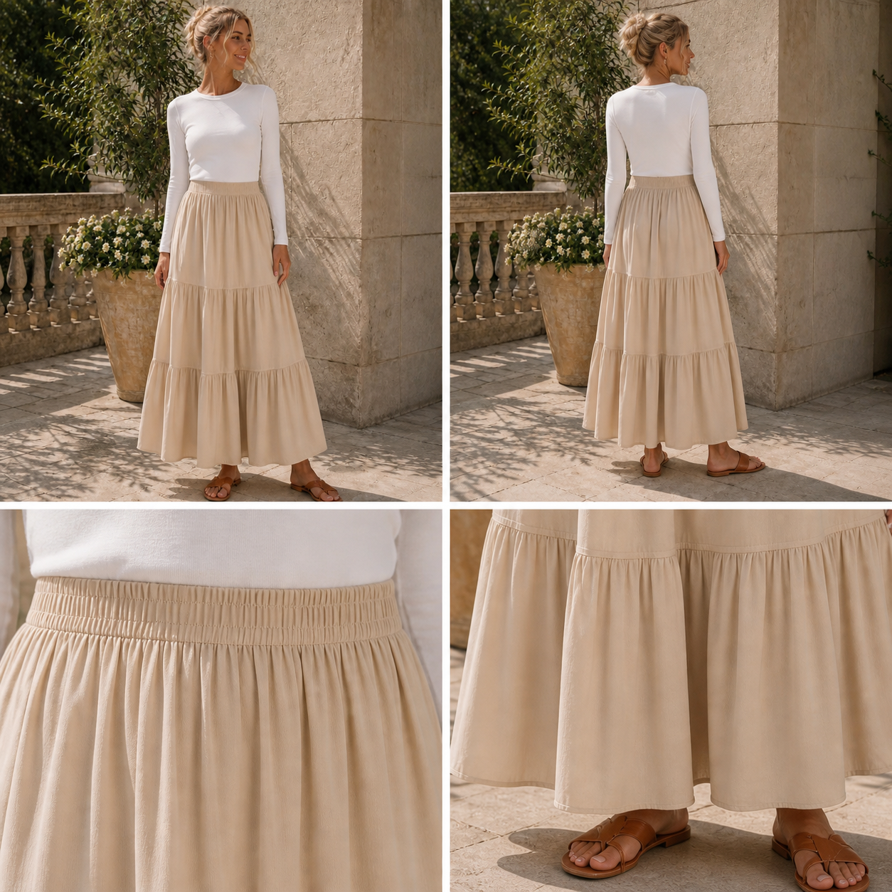 Jupe longue beige à volants en coton – vue 4