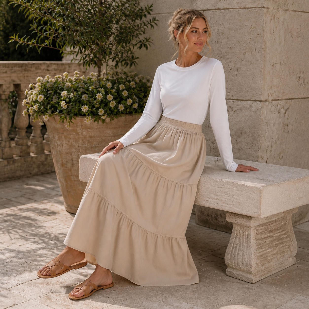 Jupe longue beige à volants en coton – vue 5