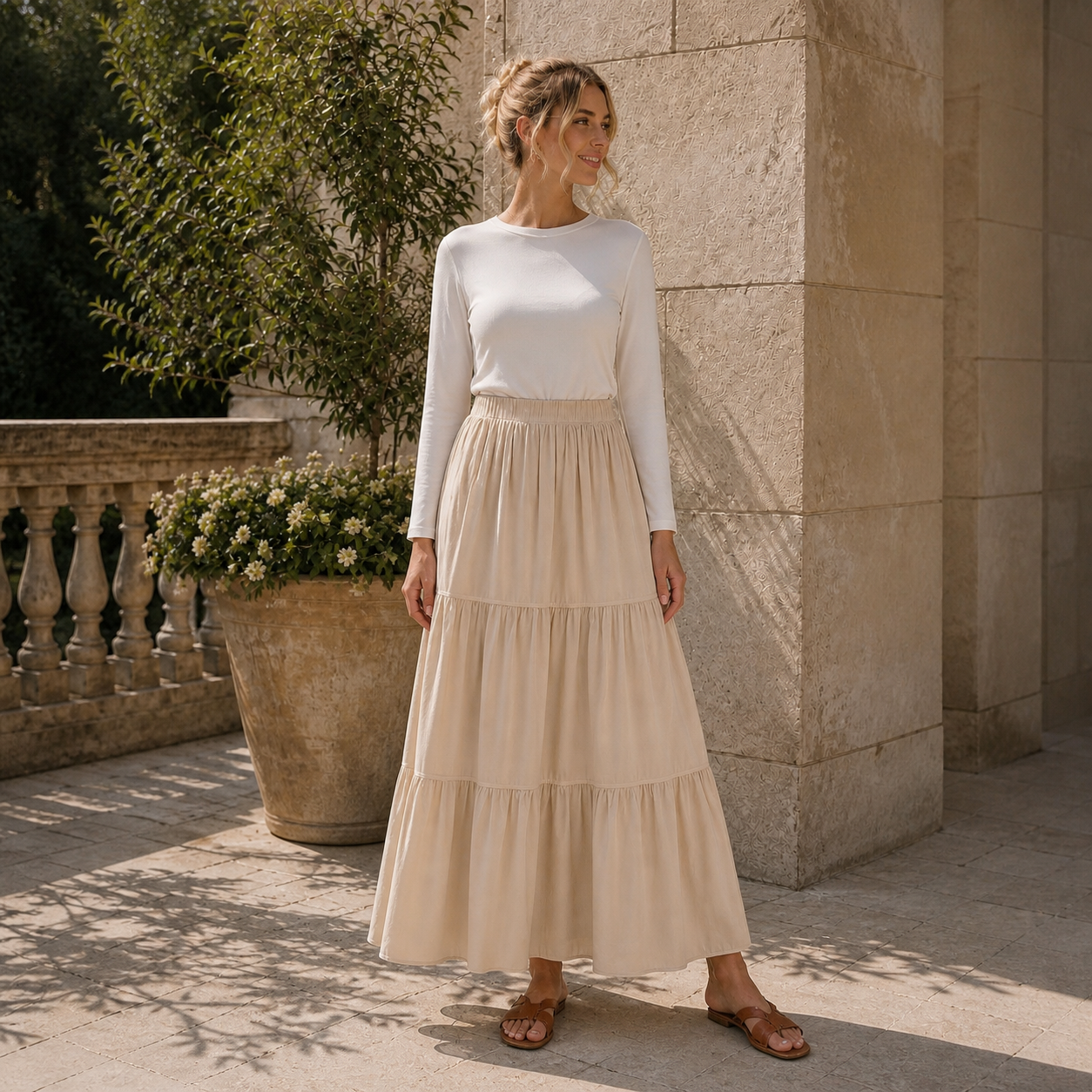 Jupe longue beige à volants en coton – vue 6