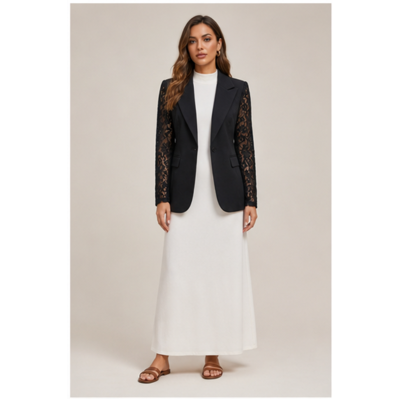 Blazer noir à manches dentelle Tsniout – 01 face studio